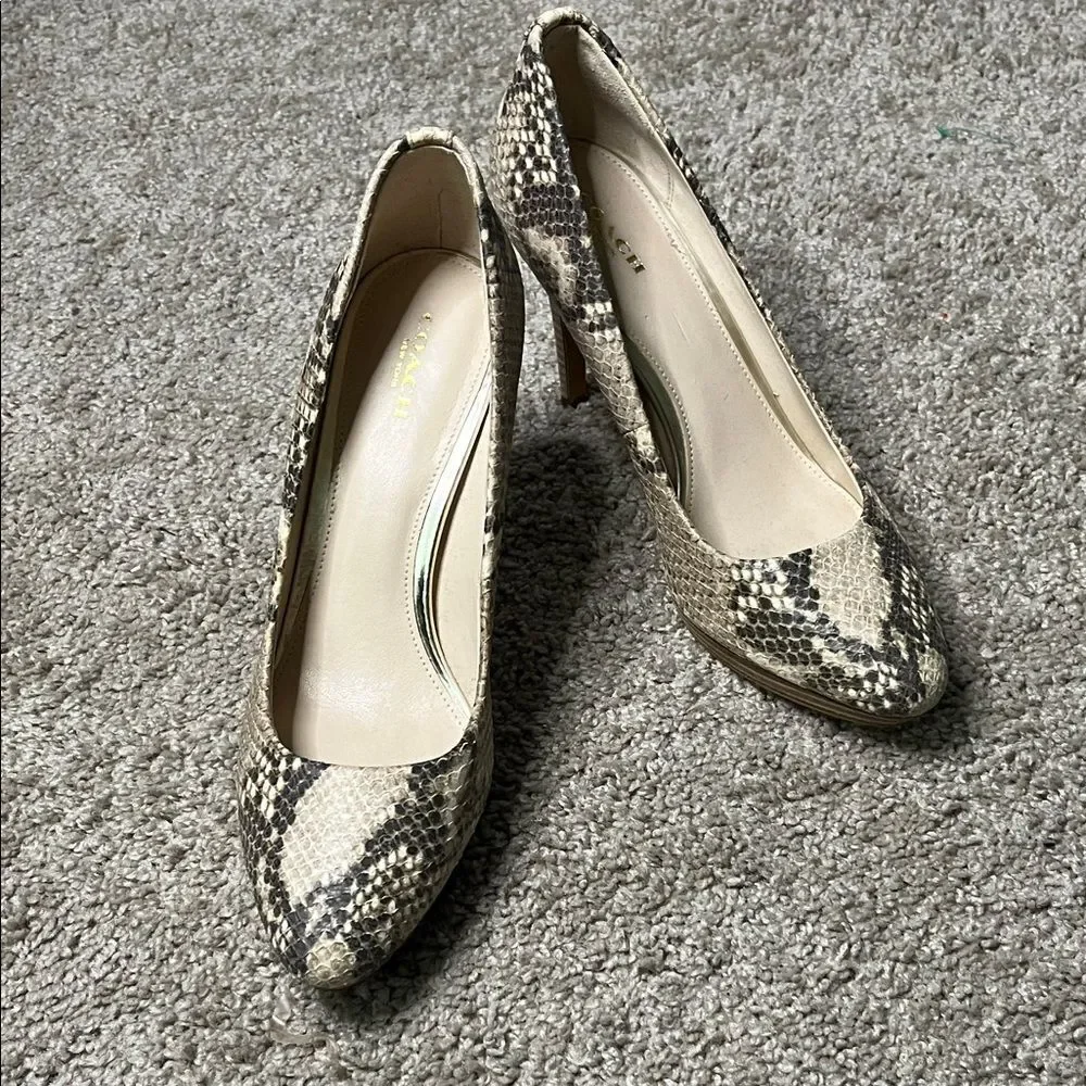 Coach Beige and Black Snakeskin Heels Size 8-1/2 EUC